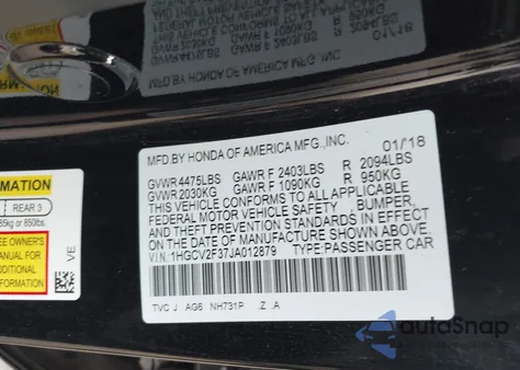 2018 Honda Accord Sport 2.0T from USA, damaged, VIN 1HGCV2F37JA012879